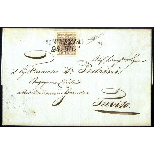 1850, 30 Cent. bruno rossastro, primo tipo, su lettera da Venezia, firm. Sorani (Sass. 7f - ANK 4HI)
