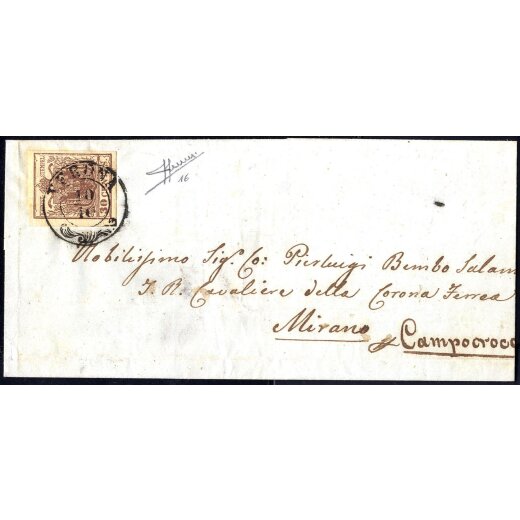 1851, "Carta costolata", 30 Cent. bruno su lettera da Verona, firm. Sorani (Sass. 16)