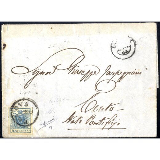 1851, "Carta costolata", 45 Cent. azzurro su lettera da Padova per Cento nello Stato Pontificio, cert. Sorani (Sass. 17)