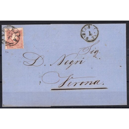 1858, 10 Soldi bruno, primo tipo, su lettera da Venezia (Sass. 26 - ANK 10I)