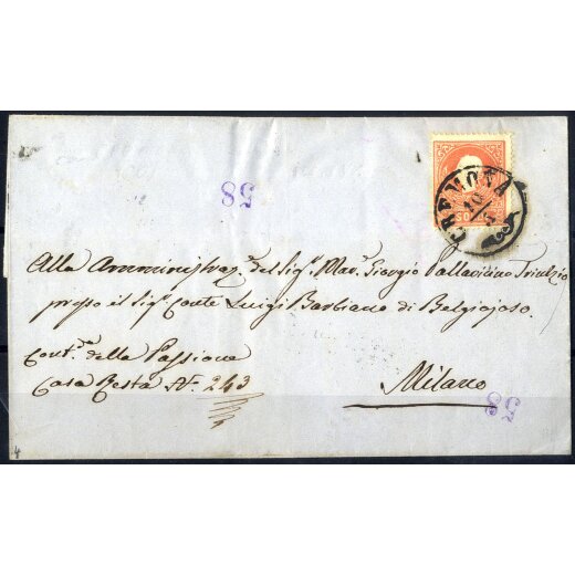 1858, 5 Soldi rosso primo tipo, su lettera da Cremona il 10.5., per Milano, (Sass. 25 - ANK 9I)