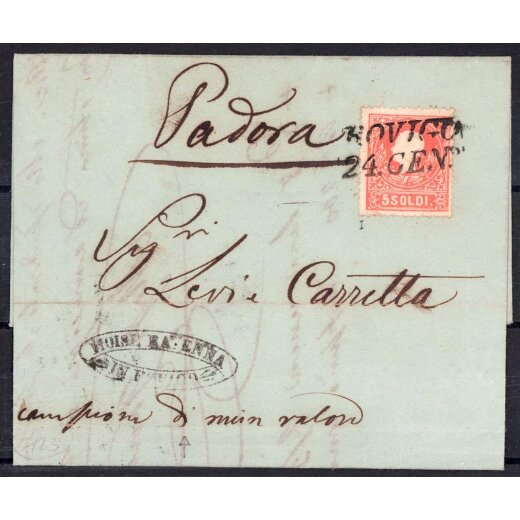 1858, 5 Soldi rosso primo tipo, su lettera da Rovigo il 24.1., per Padova, (Sass. 25 - ANK 9I)