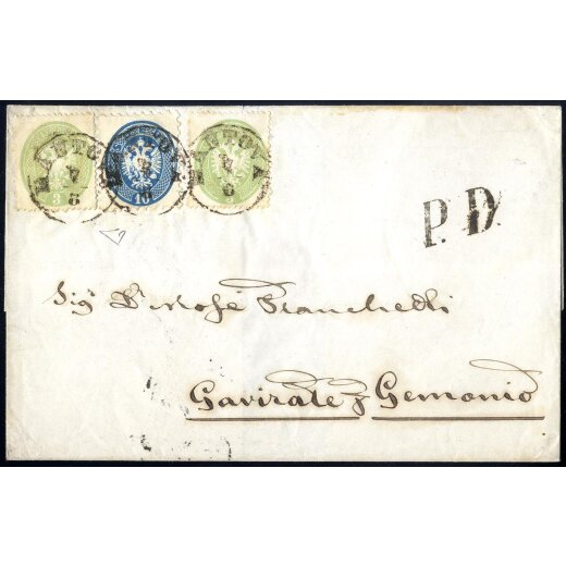 1863/64, Lettera di tre sezioni da Mantova con affrancatura mista 3 + 3 Soldi verde, quarta emissione, pi? 10 Soldi azzurro, quinta emissione, annullo "P. D." sul fronte, cert. E. Diena (Sass. 37+37+44 - ANK 15+15+22)
