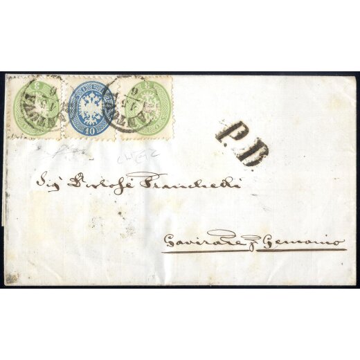 1863/64, Lettera di tre sezioni da Mantova con affrancatura mista 3 + 3 Soldi verde, quarta emissione, pi? 10 Soldi azzurro, quinta emissione, annullo "P. D." sul fronte, cert. Diena (Sass. 37+37+44 - ANK 15+15+22)