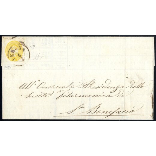 1863, 2 Soldi giallo, su circolare da Verona il 6.7., per S. Bonifacio, certificato Enzo Diena (Sass. 36- ANK 14)