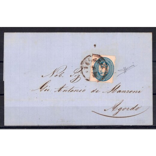 1863, 10 Soldi azzurro, su lettera da Venezia il 9.3., per Agordo, firmata Sorani, (Sass. 39- ANK 17)