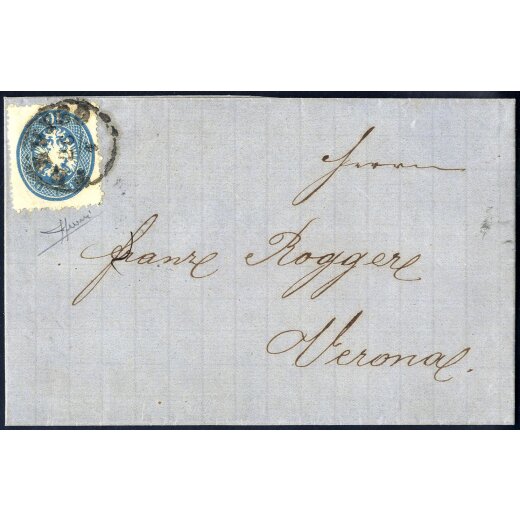1863, 10 Soldi azzurro, su lettera da Treviso il 26.1., per Verona, firmata Sorani, (Sass. 39- ANK 17)