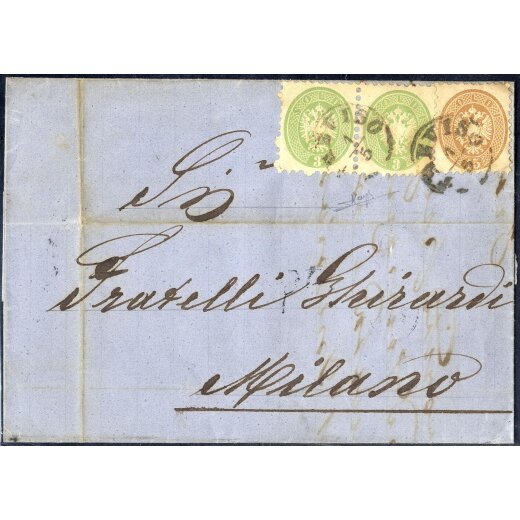 1864, Lettera della quarta sezione da Treviso affrancata con 3 + 3 + 15 Soldi, annullo "P. D." sul fronte (Sass. 42+42+45 - ANK 20+20+23)