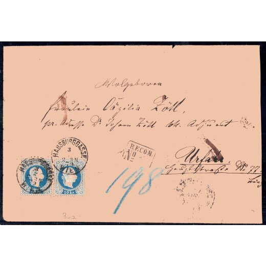 1874, 15 Kr. blau, feiner Druck, Paar auf Rekobrief von Wien 3.8.1879 nach Urfahr (ANK 38II)