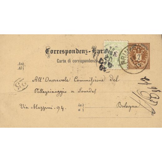 "Primiero 18/12/84" auf 2 Kreuzer Korrespondenzkarte + 3 Kr. Zusatzfrankatur, Klein 10P