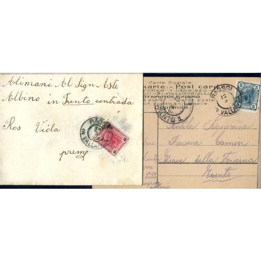 1906 ca., eine Karte und eine Brief aus Raossi in Vallarsa, ANK 110+133
