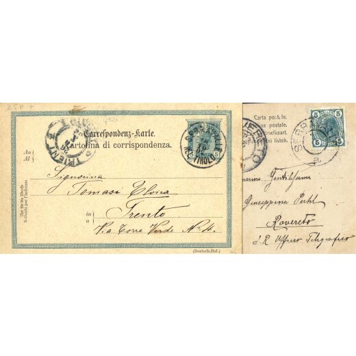 1902/04 ca., eine 5 Heller Korrespondenzkarte + eine Ansichtskarte aus Serravalle nel Tirolo, ANK 108