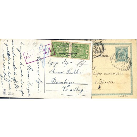 1903/18 ca., eine 5 Heller Korrespondenzkarte mit Schraffenstempel + eine Karte mit lila Zensurstempel 381Mal?