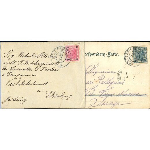 1901/04 ca., eine 5 Heller Karte + ein Brief aus Mattarello, ANK 87+89