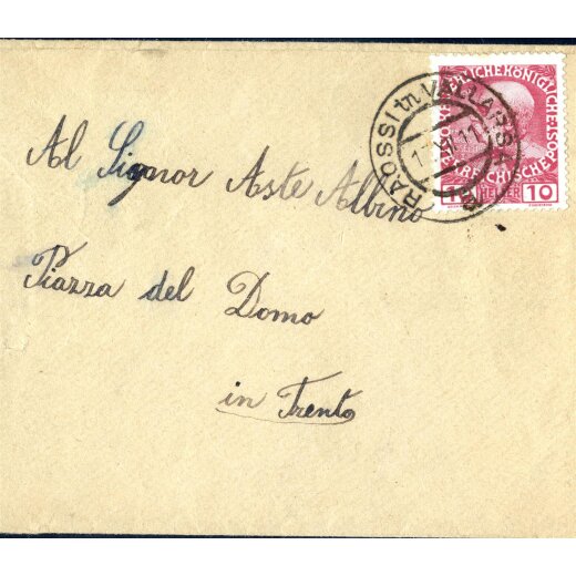 1911, 10 Heller Brief von Raossi in Vallarsa mit ANK 144