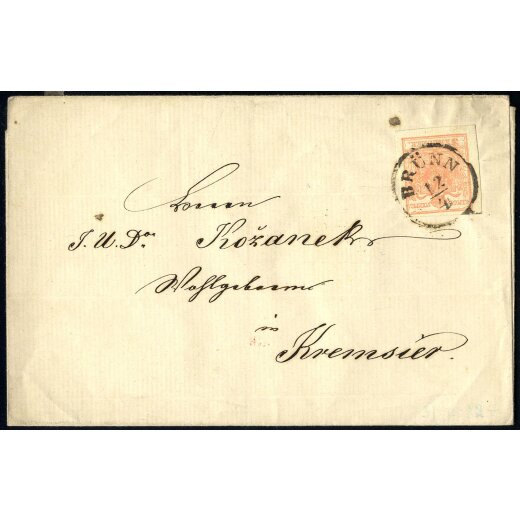 1850, 3 Kreuzer Brief aus Brünn frankiert mit ANK 3HP / Fe. 3200+++