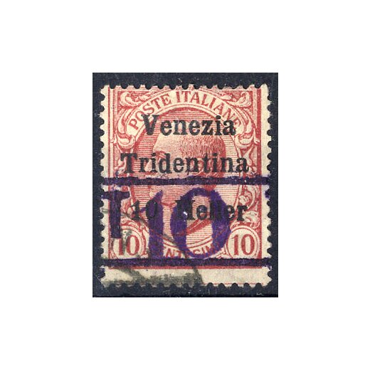 1919, BZ3, 10 c. rosa soprastampato con &#8220;Venezia Tridentina&#8221; e valore &#8220;10 Heller&#8221; con soprastampa violetta &#8220;T&#8221; e cifra fra due righe orizzontali, usato, qualit? molto buona (Sass. BZ3/13 / 350,-).