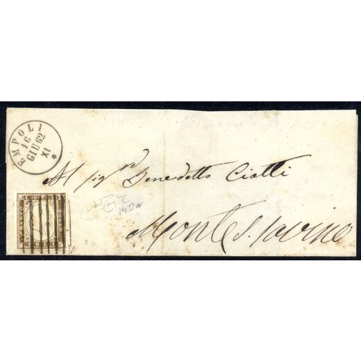 1855/63, 10 Cent. bistro oliva scuro su piccola lettera da Empoli 16.06.1862 per Monte San Savino, firm. Raybaudi (Sass.14Da/ 450&#8364;,-)