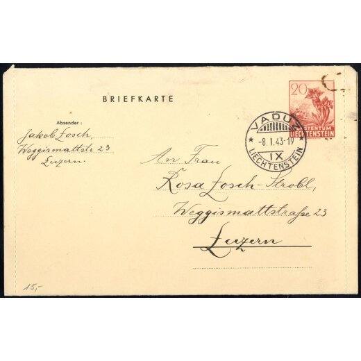 1943, Kartenbrief 20 Rp braunrot, von Vaduz am 8.1. nach Luzern, voller Rand nie ge&ouml;ffnet, rechts oben Rostfleck von B&uuml;roklammer, Mi. K1