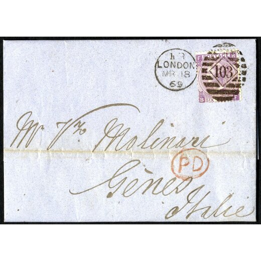 1869, letter from London 18.3.1869 to Genova with 5 d. Queen Victoria with large uncolor letters and Wmk. Spray of Rose