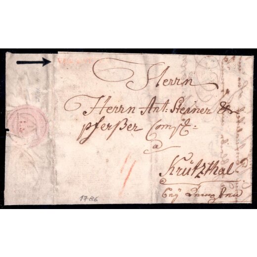 &quot;VON BOTZEN&quot;, zarter Langstempel auf Brief vom 10.2.1786 nach Kr&uuml;tzthal, Taxe &quot;4&quot; vorne