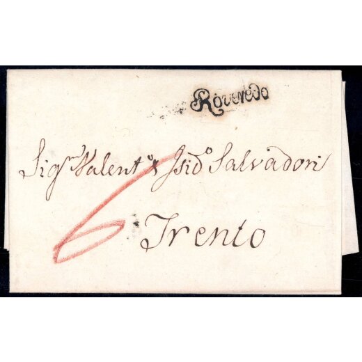 &quot;Roveredo&quot;, schwarzer Schreibschriftstempel auf Brief vom 21.2.1824 nach Trient, Taxe &quot;6&quot; vorne