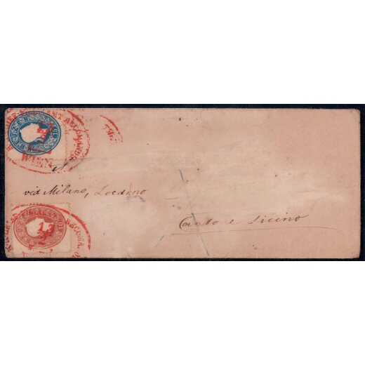 1861, Rekobrief von Wien in die Schweiz mit 10+15 Kr. vorne und 10 Kr. hinten frankiert, mit Rotstempeln entwertet, Adresse teils gel&ouml;scht (ANK 21+21+22)