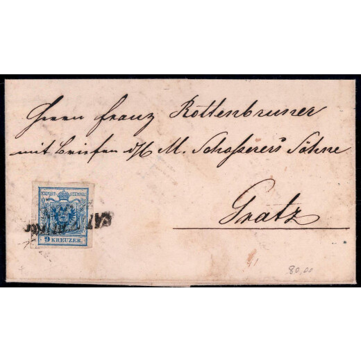 1850, 9 Kr. blau HPIIIa auf Brief von Salzburg 24.6.1853 nach Graz (ANK 5HIIIa)