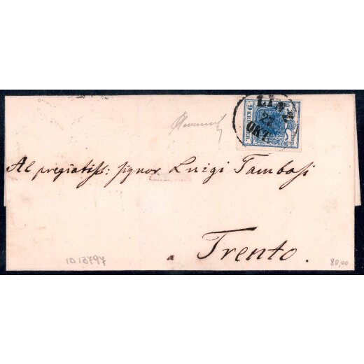1850, 9 Kr. blau HPIIb auf Brief von Linz 27.10. nach Trient (ANK 5HIIb)