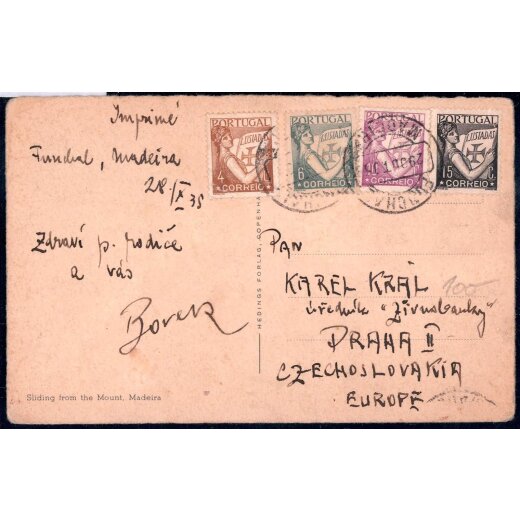 1935, Kunstkarte von Funchal 29.10.1935 nach Prag mit Mi. 531 + 533-35 frankiert
