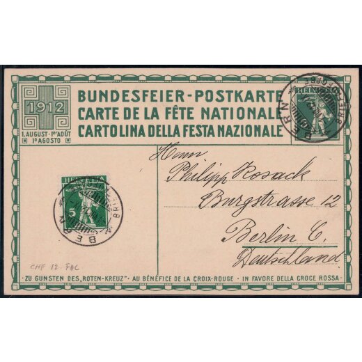 1912, Bundesfeierkarte 5 Rp. mit wertgleicher Zusatzfrankatur 5 Rp. von Bern 1.8.1912 nach Berlin (Mi. P47/02)