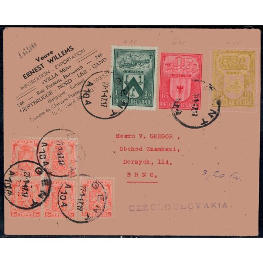 1947, Brief von Gent 27.1.1947 nach Br&uuml;nn mit Mi. 776-78 und Zusatzfrankatur