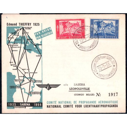 1955, Sabena - Flug, Brief von Br&uuml;ssel 23.2.1955 nach Leopoldville mit Mi. 1008-09 frankiert