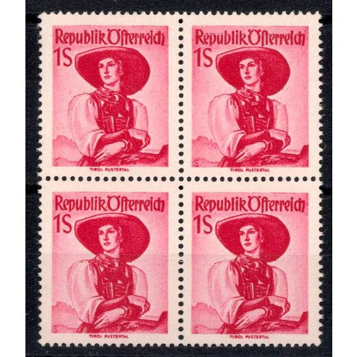 1948/52, Trachten, 1 Schilling rot, Viererblock, postfrisch (ANK 905 / 540,-)