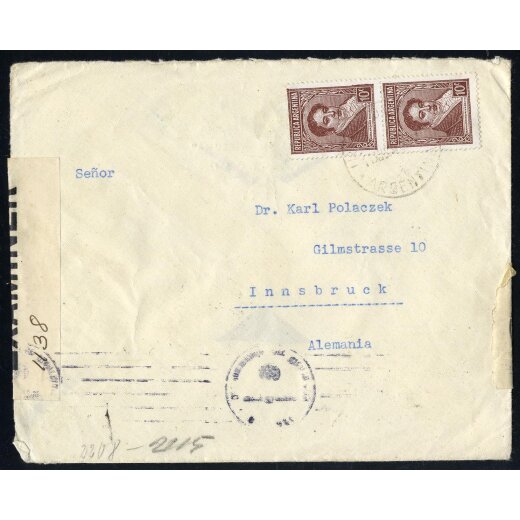 1940, Brief von Iriondo (Argentinien) nach Innsbruck, frankiert mit einem senkrechten Paar 10 c. braun, etwas schwach gestempelt „IRIONDO ARGENTINA, 11. …“, mit deutscher Zensur, fehlerfreie Erhaltung (Mi. 412).
