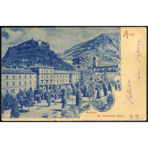 1902, "Riva", auf Ansichtskarte "Arco Kurhaus" vom 2.4.02 nach Venedig, dort mit 5+10 centesimi Porto belegt, abgelehnt und zurück nach Riva und mit Porto 10 Heller gezähnt taxiert
