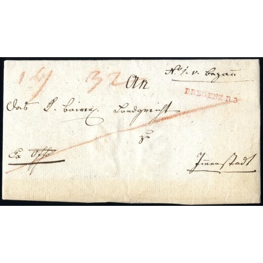 181?, &quot;BREGENZ R. 3.&quot;, roter Rayonstempel auf Brief von Bezau (M&uuml;. 167a / 90P.)