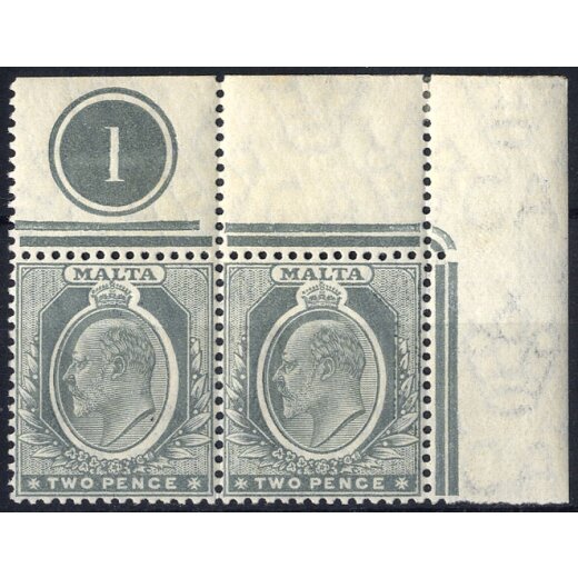 1907, 2 P grau, rechtes oberes Eckrandpaar mit Plattennummer, U. 35