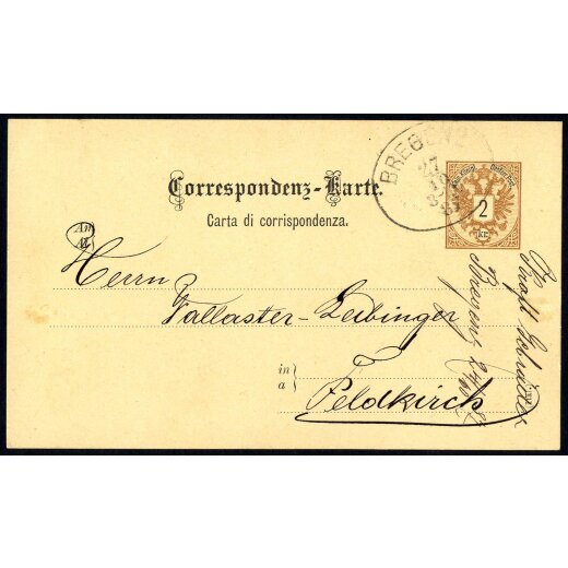 1883, &quot;BREGENZ / 27 / 10 / 8 - 10 V / 87&quot;, Ovalstempel auf Karte 2 Kr. braun, Ausgabe 1883, nach Feldkirch (Kl. 467i / 100P.)