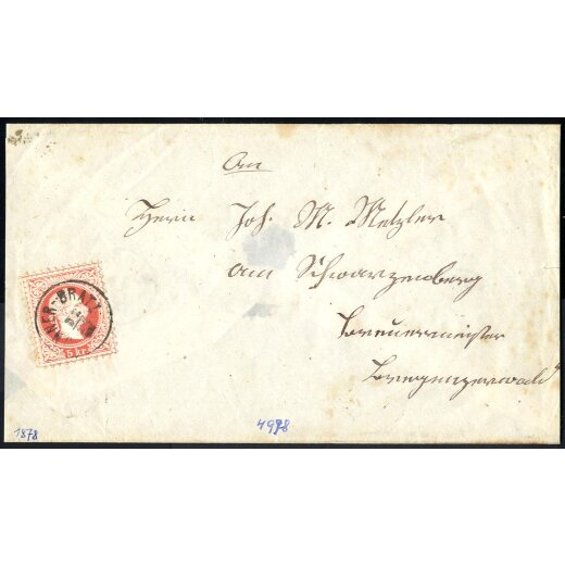 1874, &quot;INNER - BRATZ 22 / 11 / 78&quot;, Fingerhutstempel auf 5 Kr. auf Brief nach Schwarzenberg (ANK 37II)