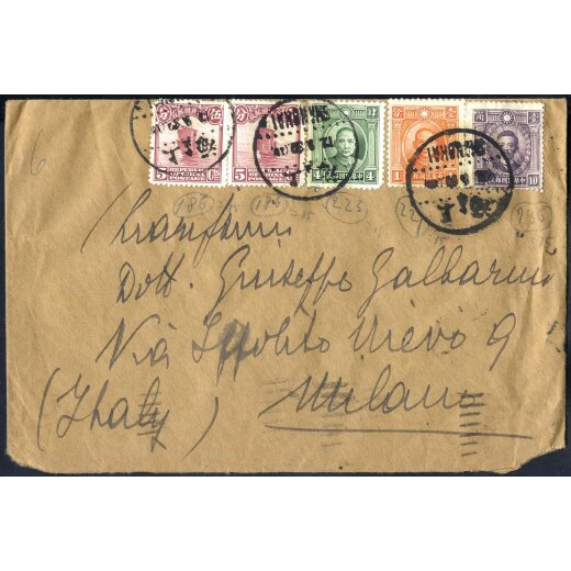 1932, Brief von Shanghai am 12.9. nach Mailand frankiert &uuml;ber 25 c. durch Mi. 194(2),229,237,255