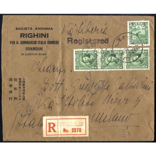 1932, eingeschriebener Brief von Shanghai am 3.1. nach Mailand frankiert &uuml;ber 65 c. vorder- und r&uuml;ckseitig durch Mi. 188(3),204,237(3)