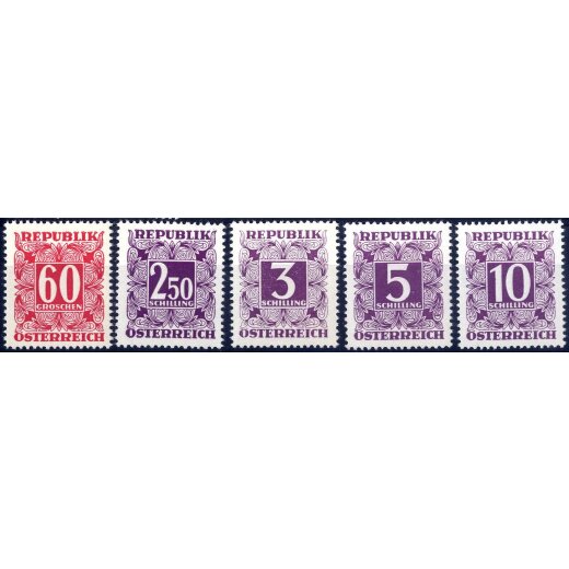 1949/57, Porto, Ziffer im Ziehrahmen, gelber Gummi, 28 Werte (ANK 232-59)