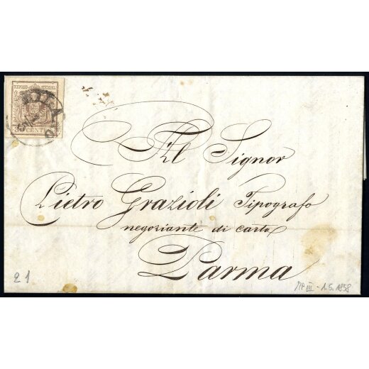 1854, Lettera da Milano 1.5.1858 per Parma affrancata con 30 Cent. (S. 21)