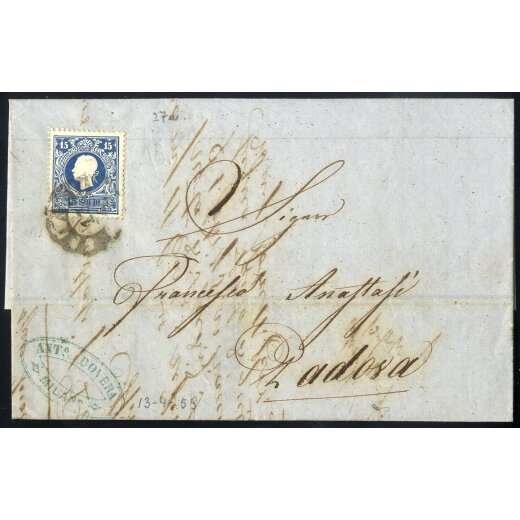 1858, 15 Soldi azzurro vivo, primo tipo, su lettera da Milano 13.4.1859 per Padova (Sass. 27a / 937,-)