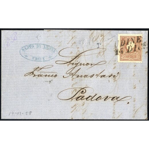 1858, 10 Soldi bruno, primo tipo, su lettera da Udine 14.12.1858 per Padova (Sass. 26 / 500,-)