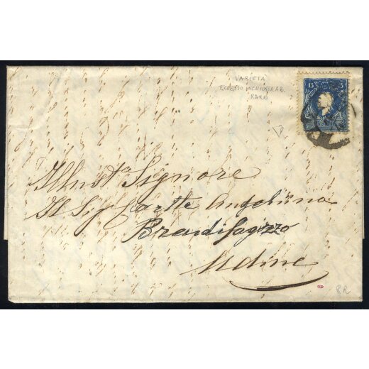 1859, 15 Soldi azzurro vivo, secondo tipo, particolarmente inchiostrato, su lettera (nome dell indirizzo rifatto) da Milano 14.4.1859 per Udine, raro, firm. E. Diena (Sass. 32a)