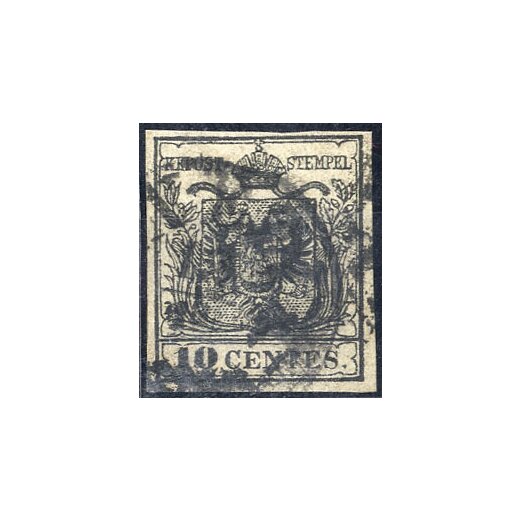 1854, 10 Cent. nero, carta a macchina (Sass. 19)