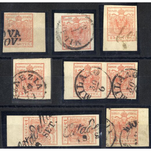 1850/54, 15 Cent., Bordi di foglio, lotto 5 esemplari e due coppie, tutti con bordo di foglio, splendidi (Sass. 5, 6, 20)