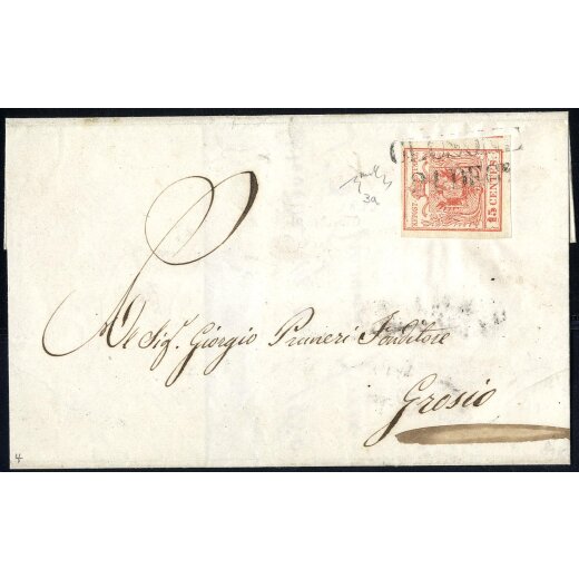 1850, 15 Cent. rosso, prima tiratura, su lettera da Clusone, firm. Chiavarello (Sass. 3a - ANK 3HI Erstdruck)